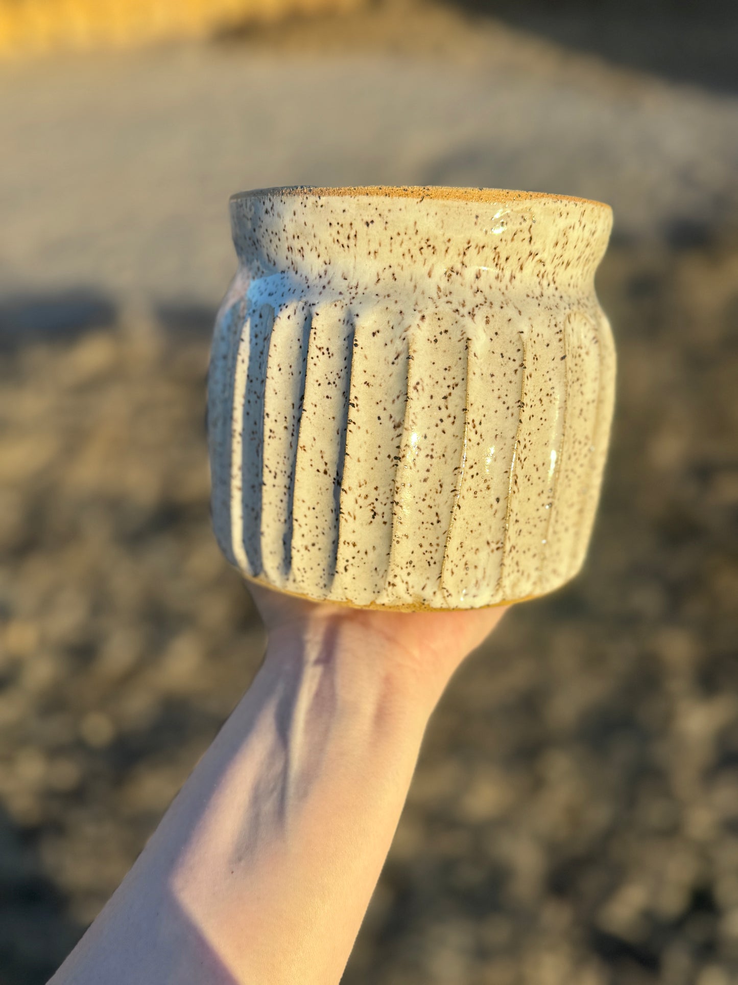 Farmhouse fluted white speckled utensil holder/vase