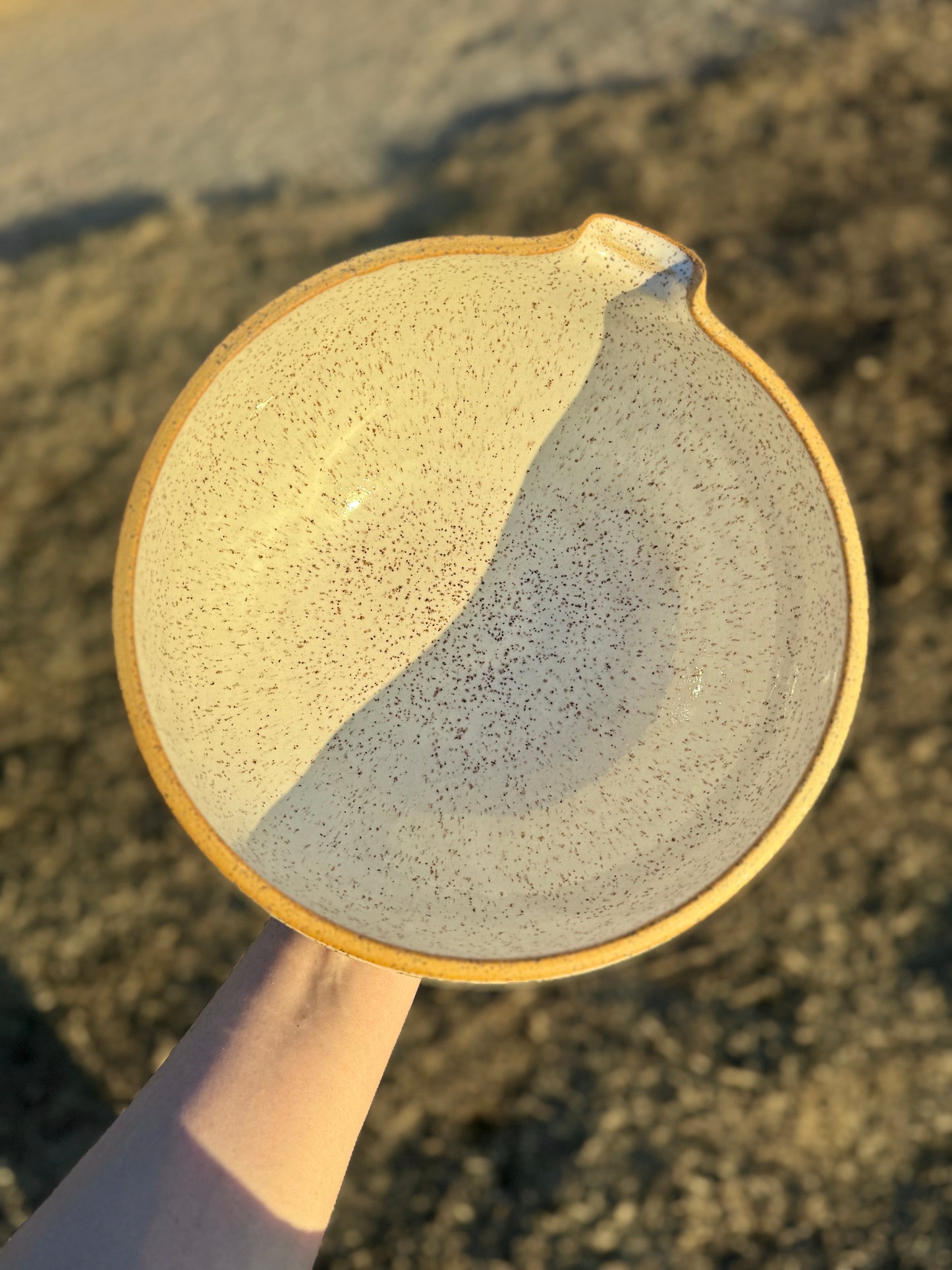 Creamy speckled batter or serving bowl with pour spout
