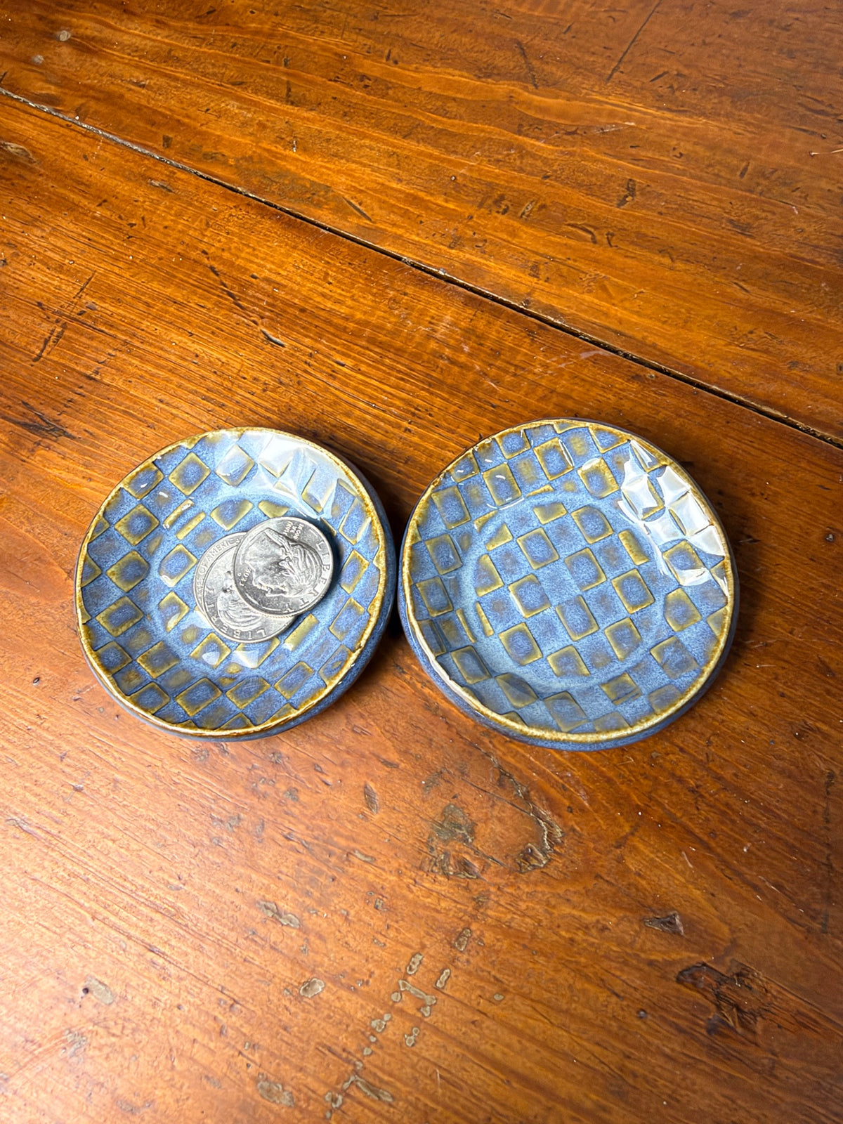 Blue Checkered Trinket Dish - Round