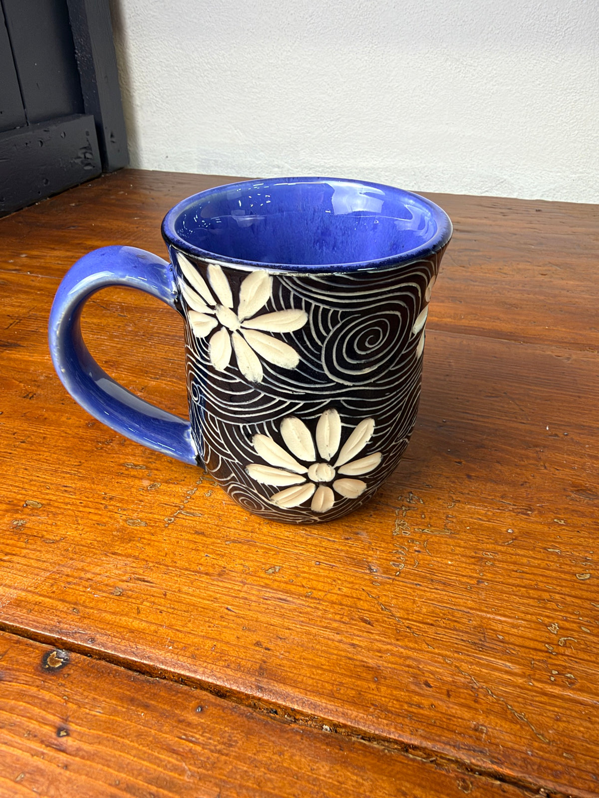 Blue and Hand Carved Flower Mug - 14 oz