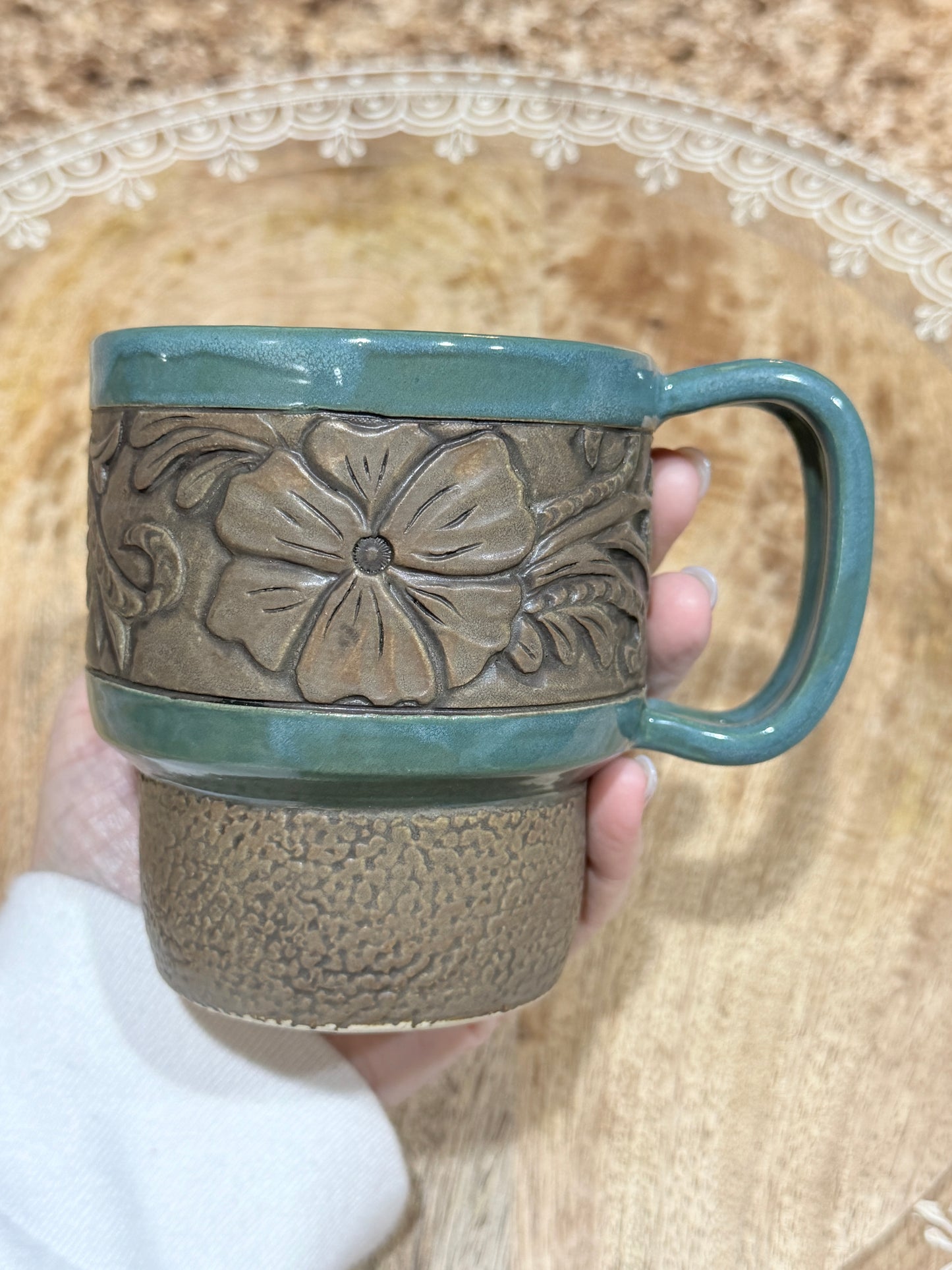 Tooled leather traveler mug