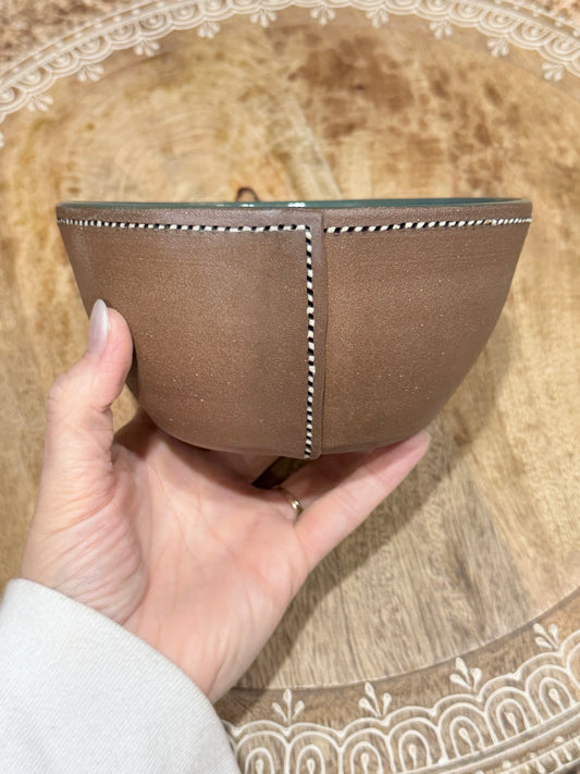 Stitched leather and teal bowl