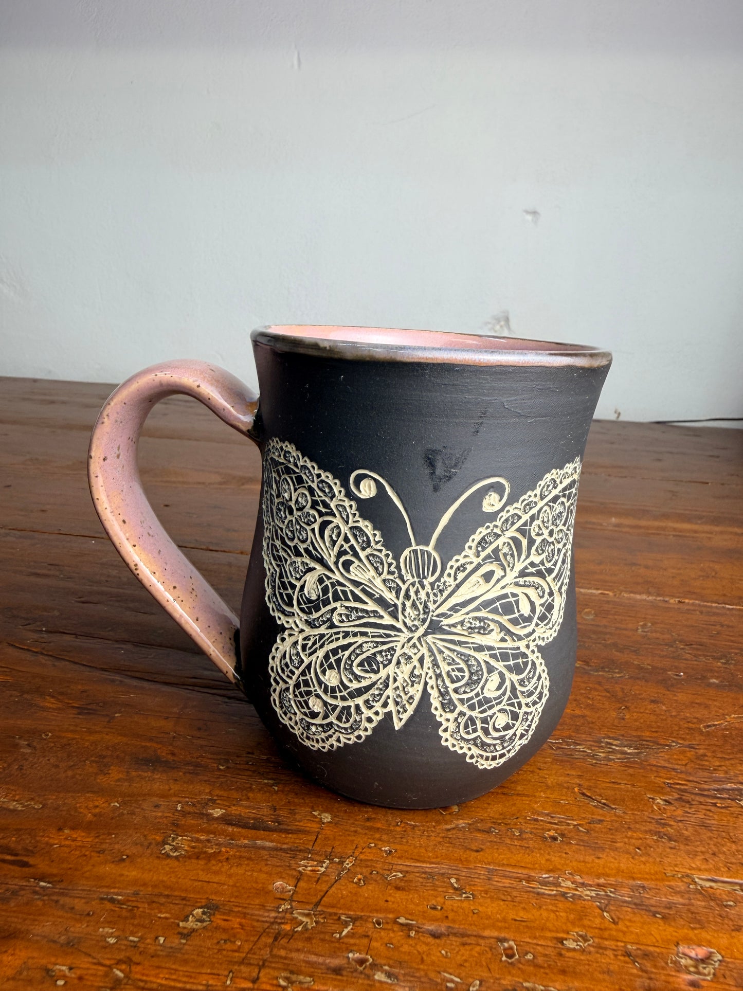 Hand carved sgraffito - butterfly mug