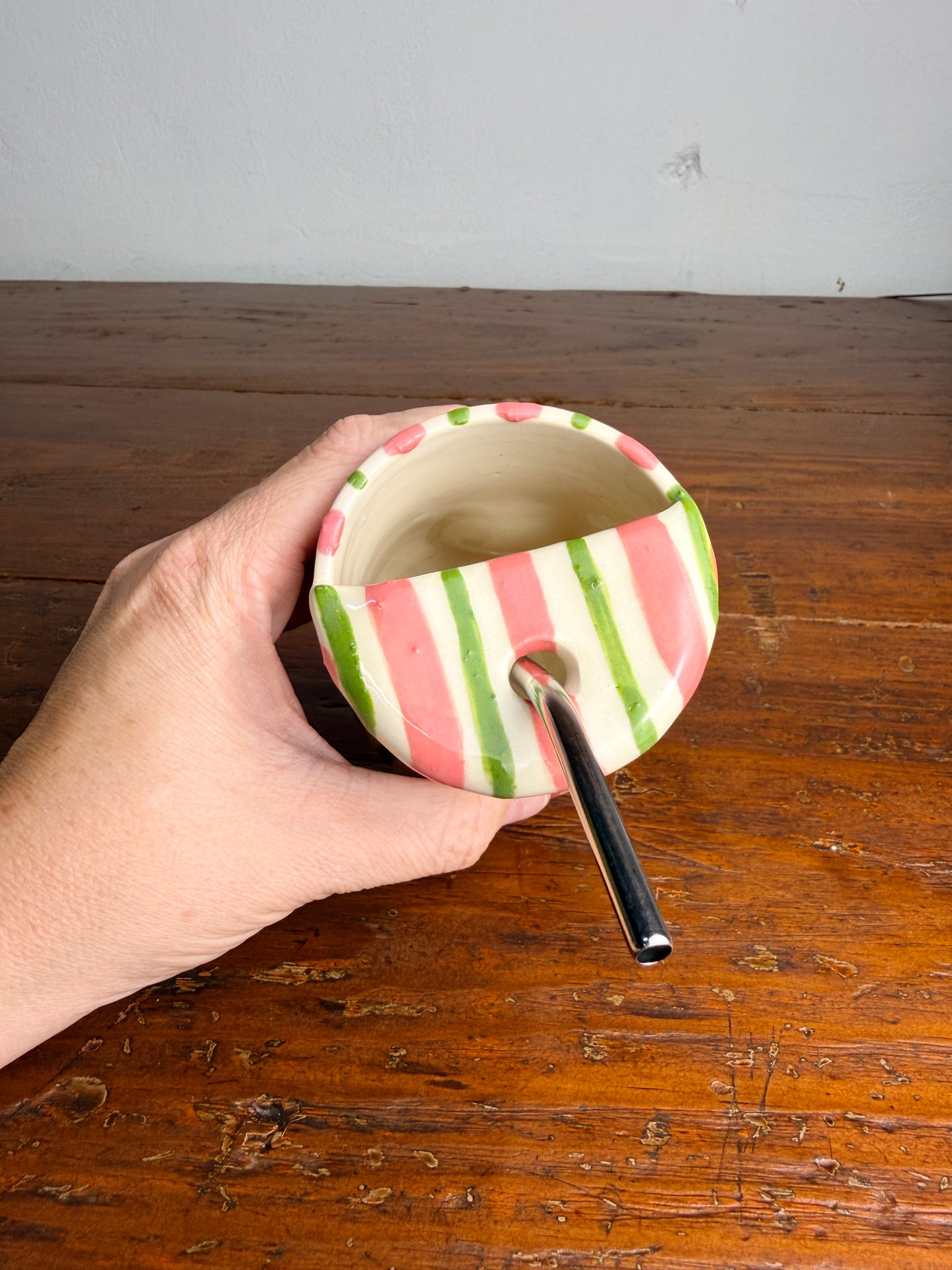 Striped tumbler with straw - pink & green