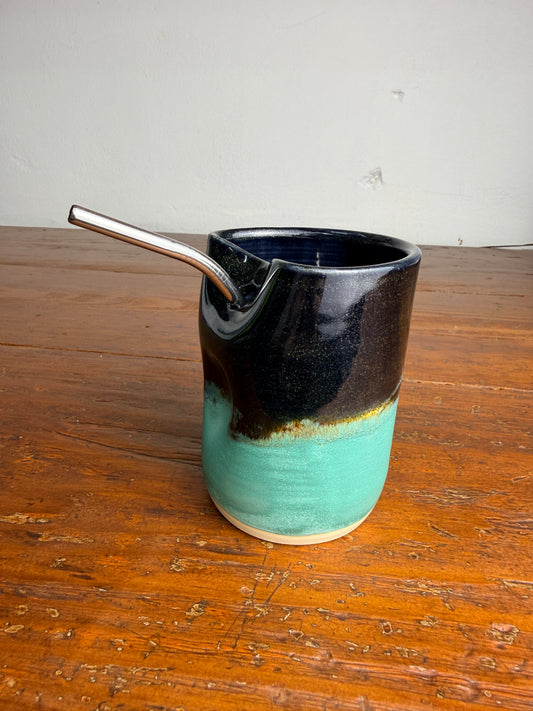 Tumbler with straw - glitter black & teal