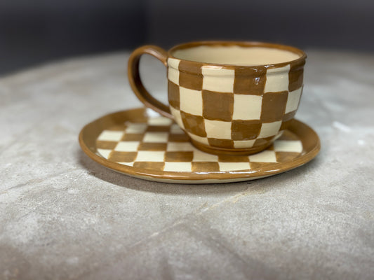 Soup and cracker set - cream and brown checkered