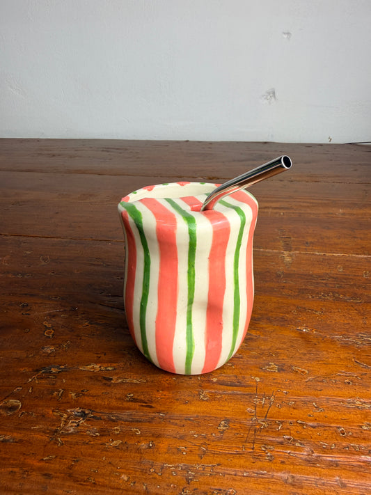 Striped tumbler with straw - pink & green