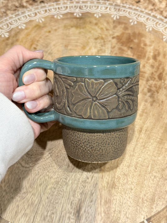 Tooled leather traveler mug