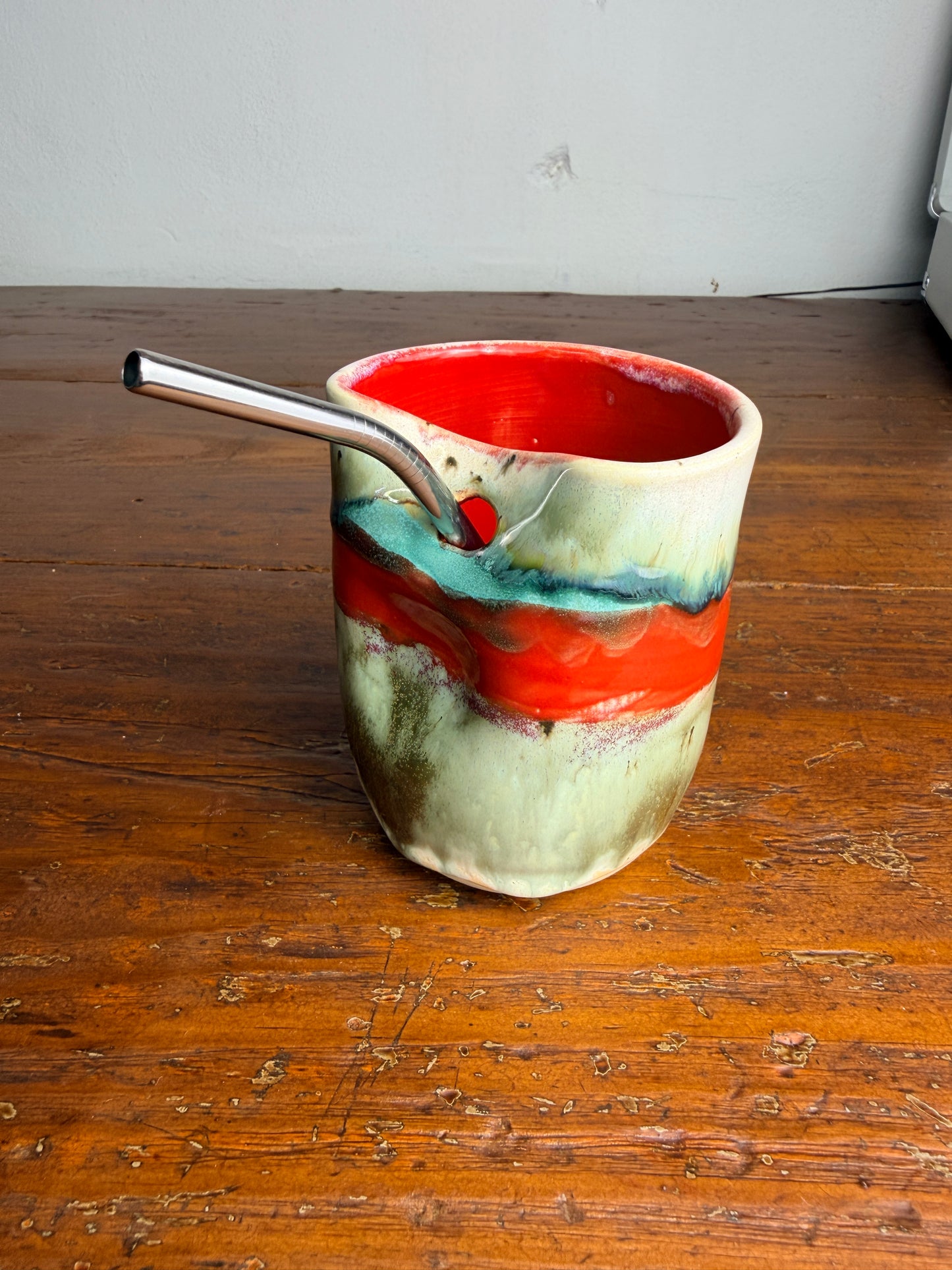 Tumbler with straw - cream teal red