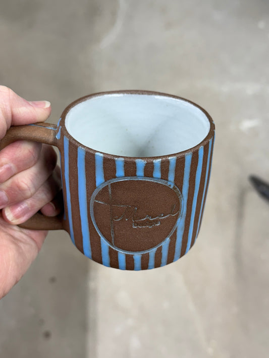 Blue Striped “Morel Designs” a logo Mug