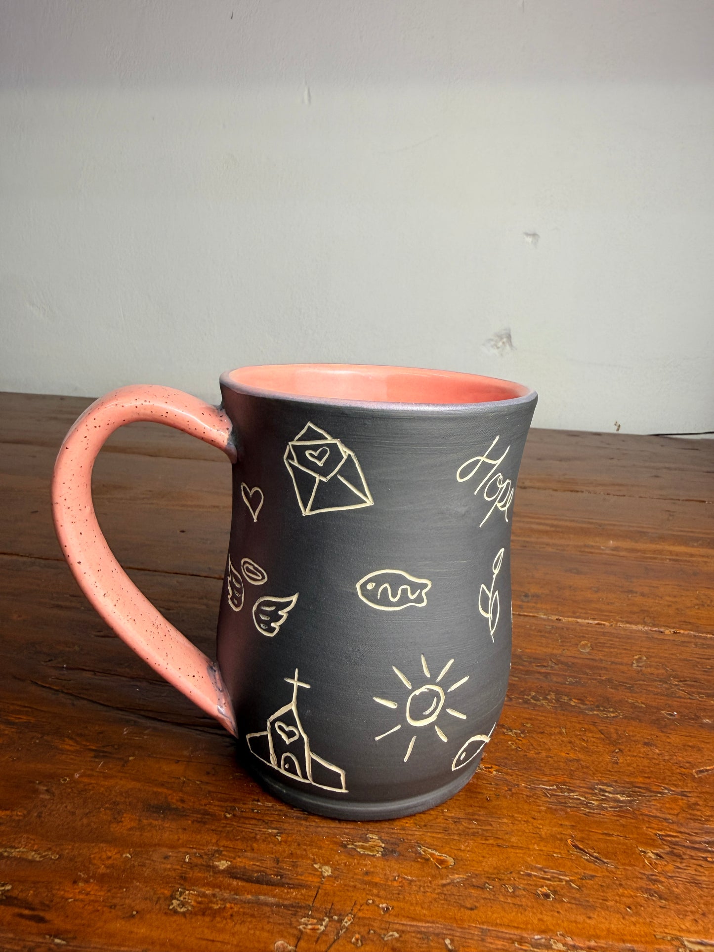 Hand carved sgraffito - Jesus doodle mug