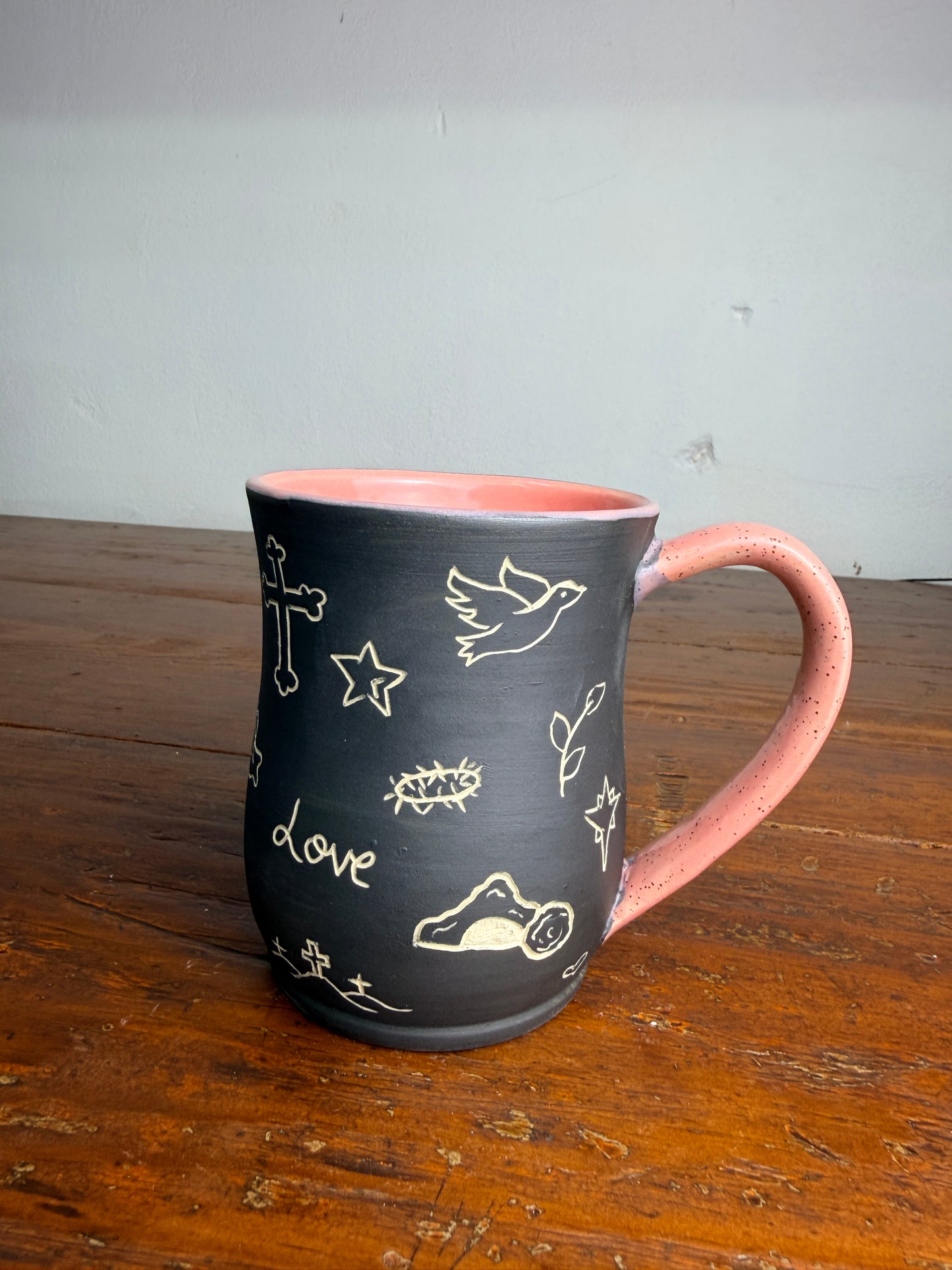 Hand carved sgraffito - Jesus doodle mug