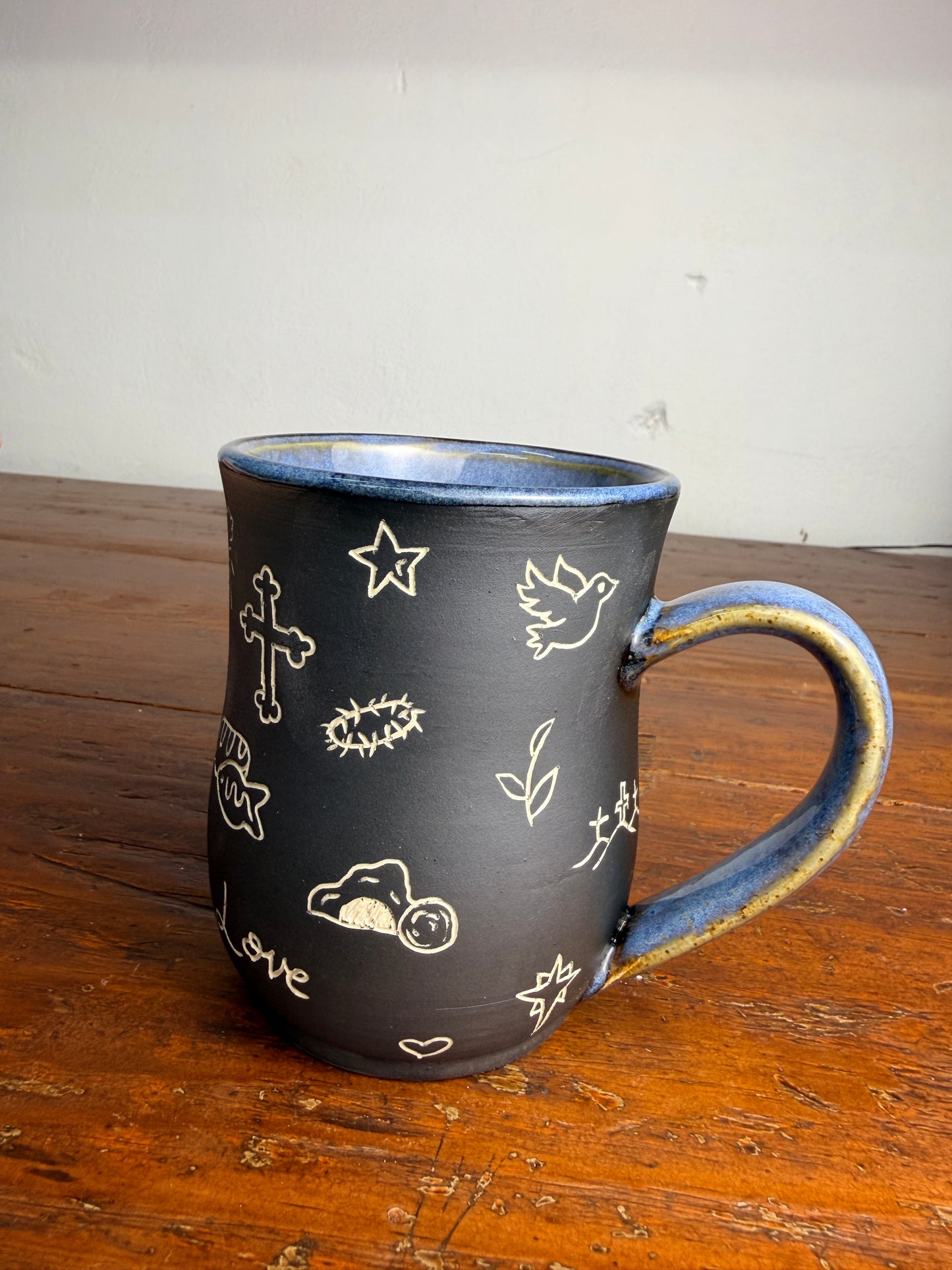 Hand carved sgraffito - Jesus doodle mug
