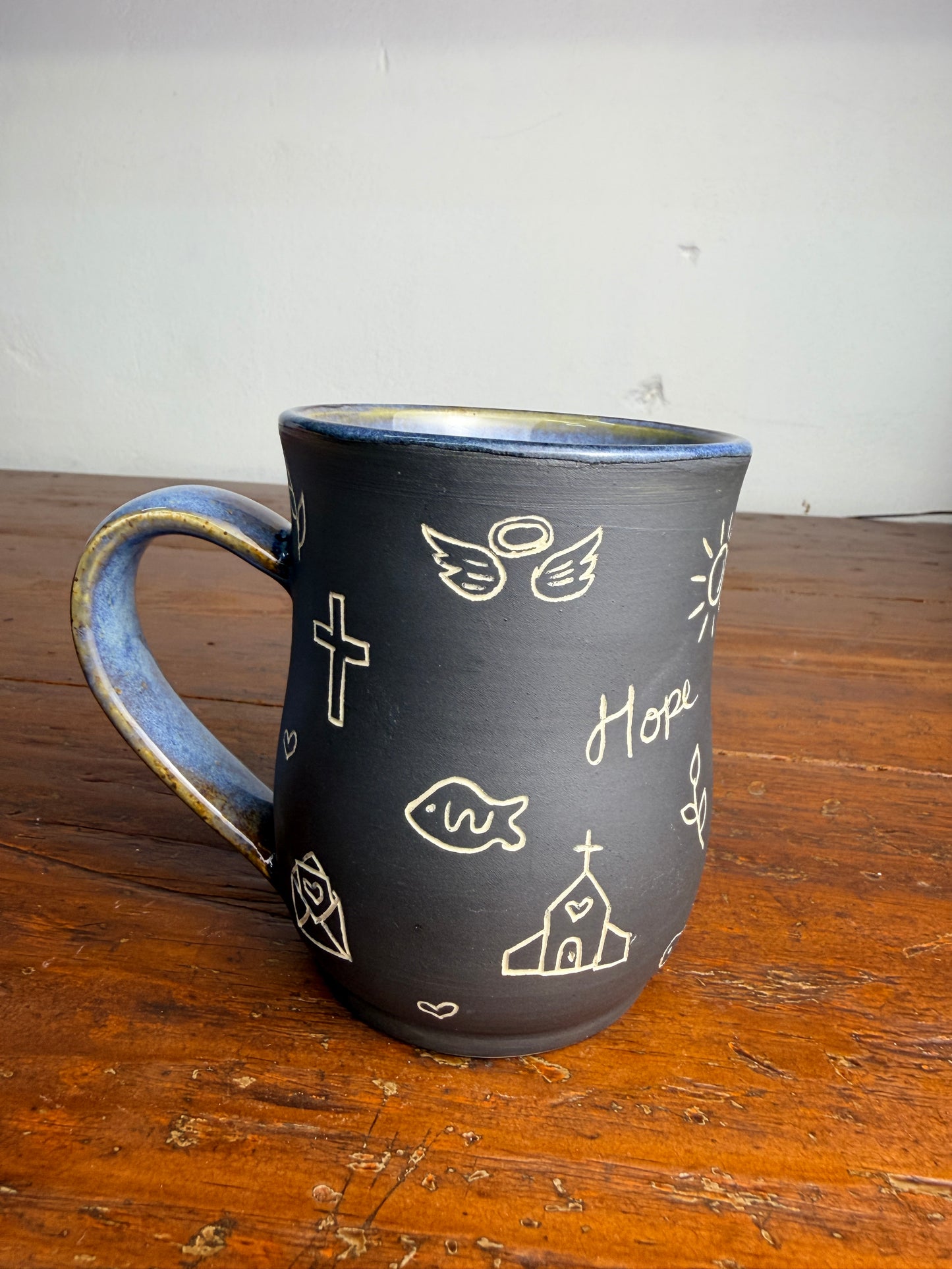 Hand carved sgraffito - Jesus doodle mug