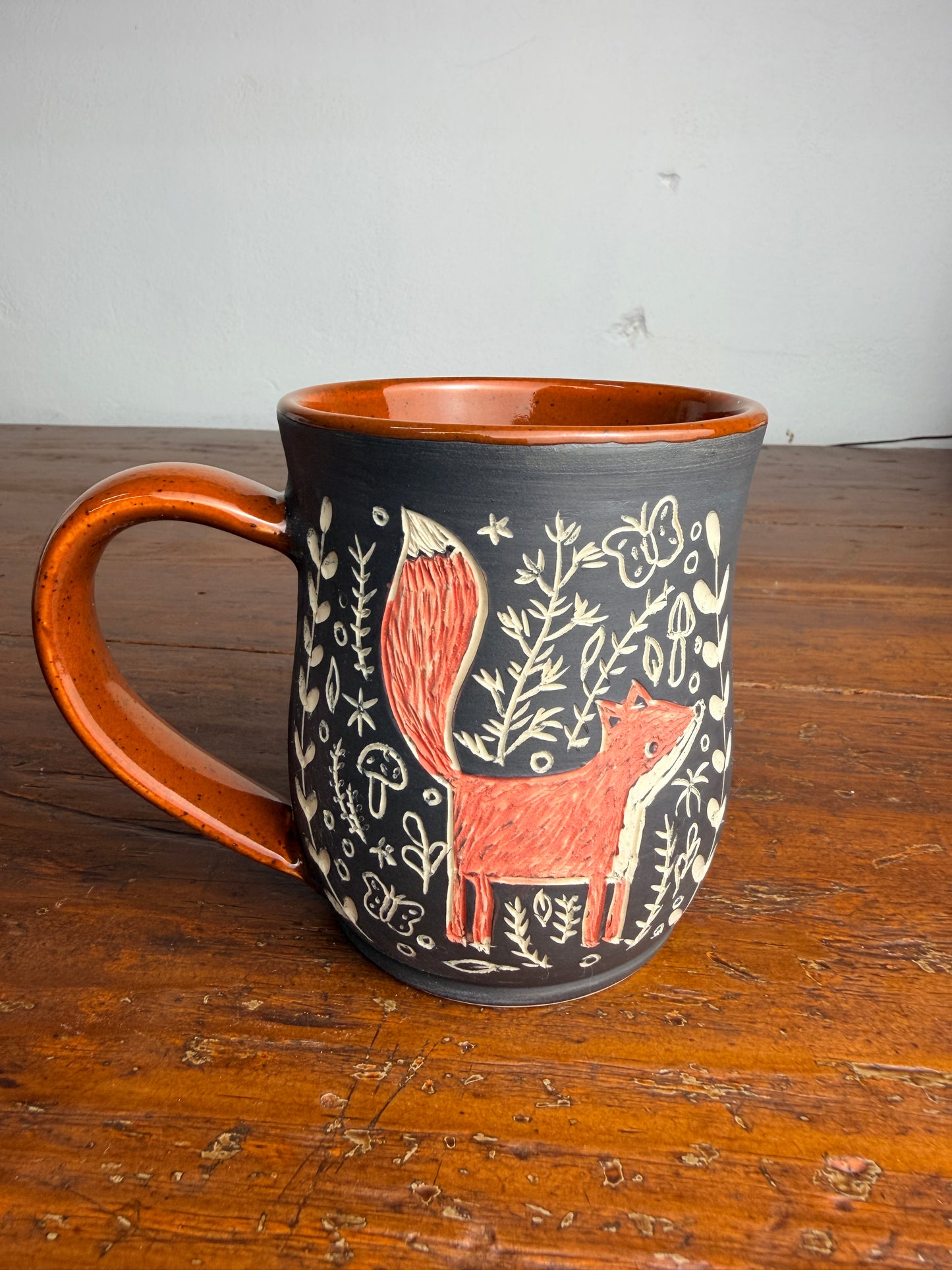 Hand carved sgraffito - fox mug