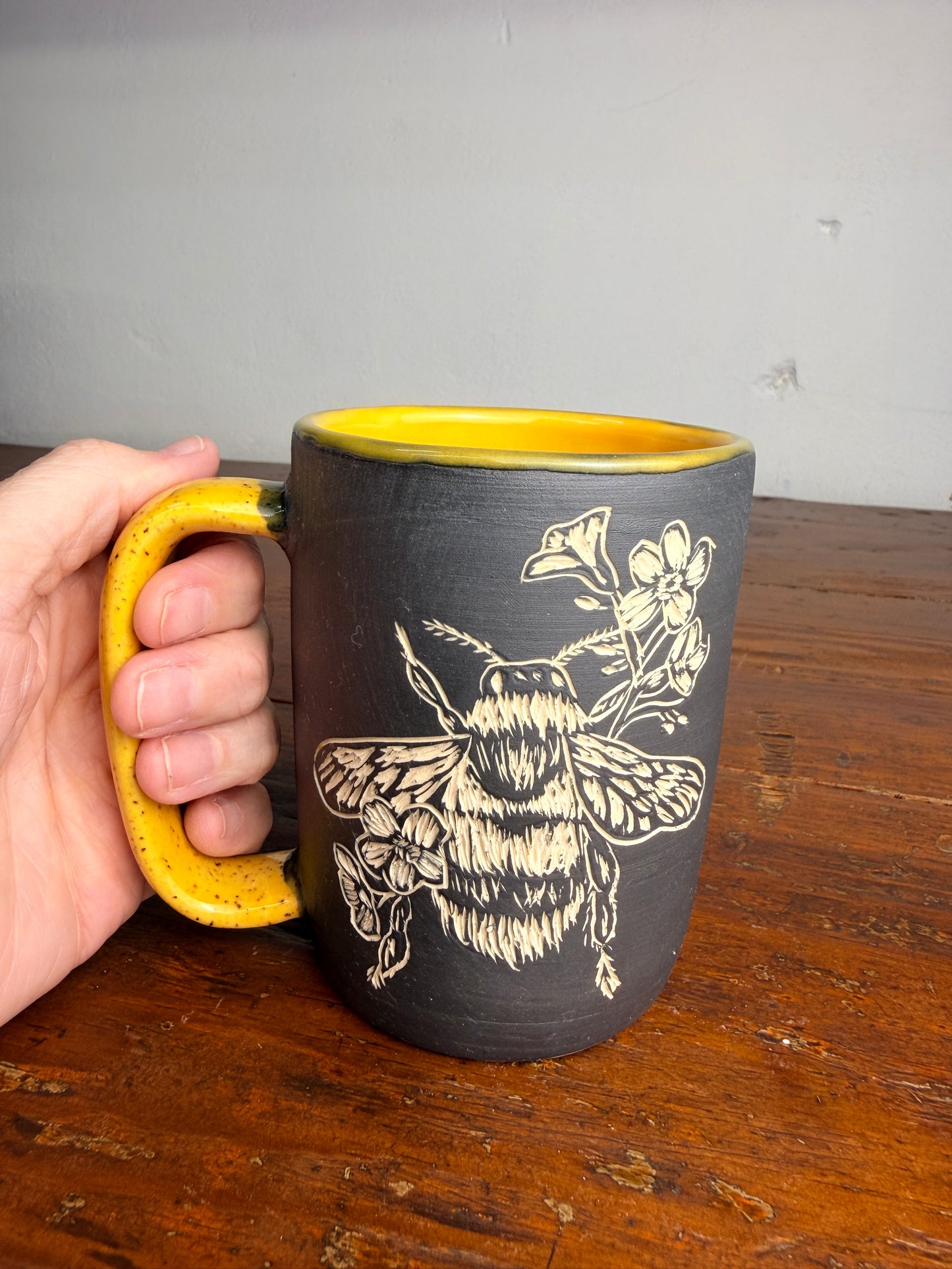 Hand carved sgraffito - bee mug B