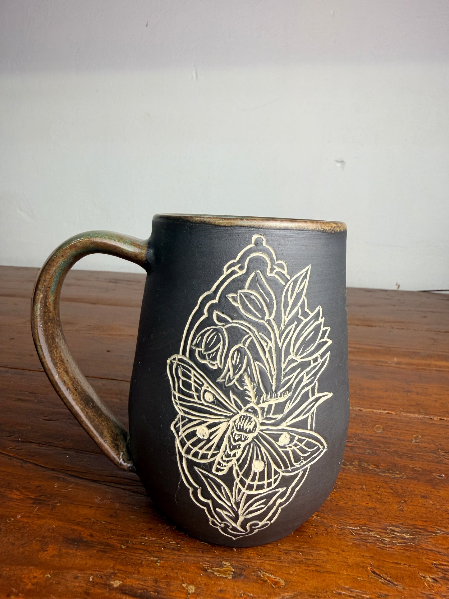 Hand carved sgraffito - Moth mug