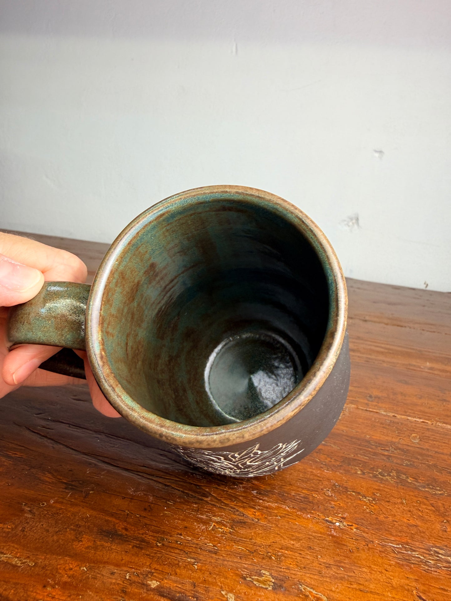 Hand carved sgraffito - Moth mug