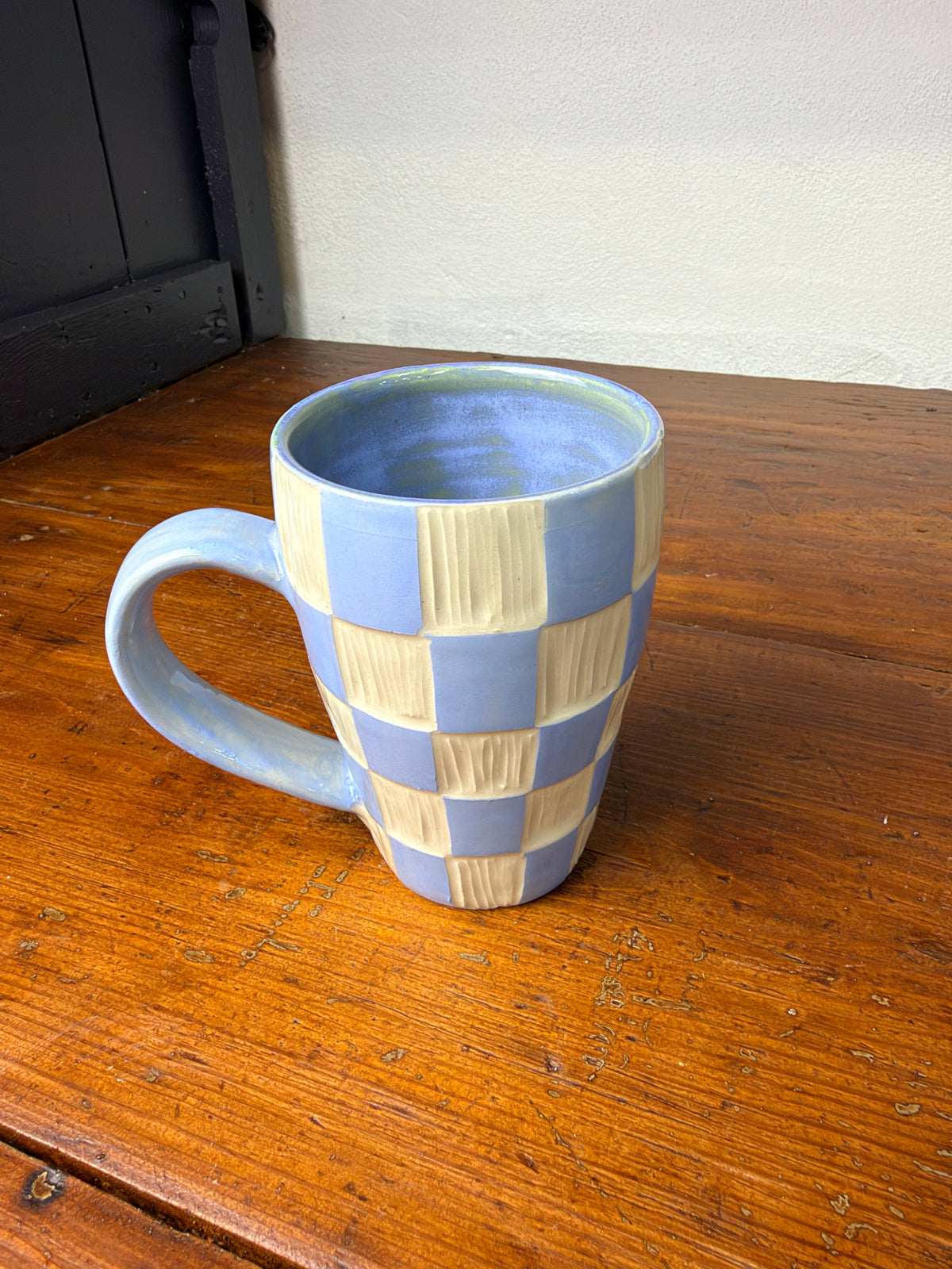 Blue Checkered Carved Mug - 11 oz